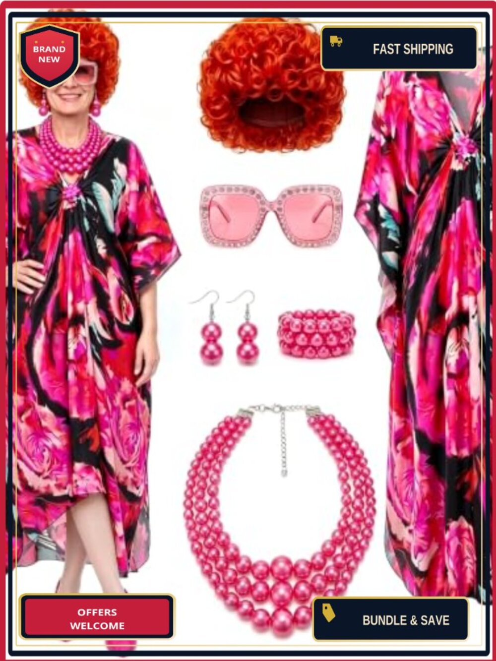 70s Retro Costume Set Short Curly Wig Caftan Mumu Beaded Jewelry Women